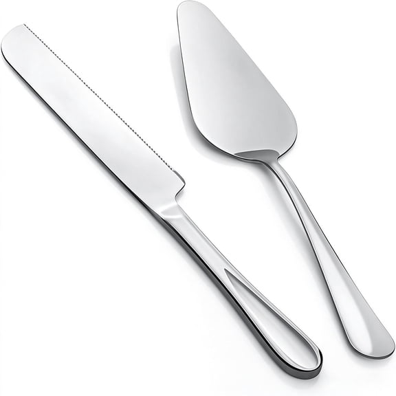 Ounalong 2-Piece Premium Cake Cutting Set, Silver Serrated Knife & Server, Stainless Steel Pie Spatula for Pastry, Pizza & Desserts