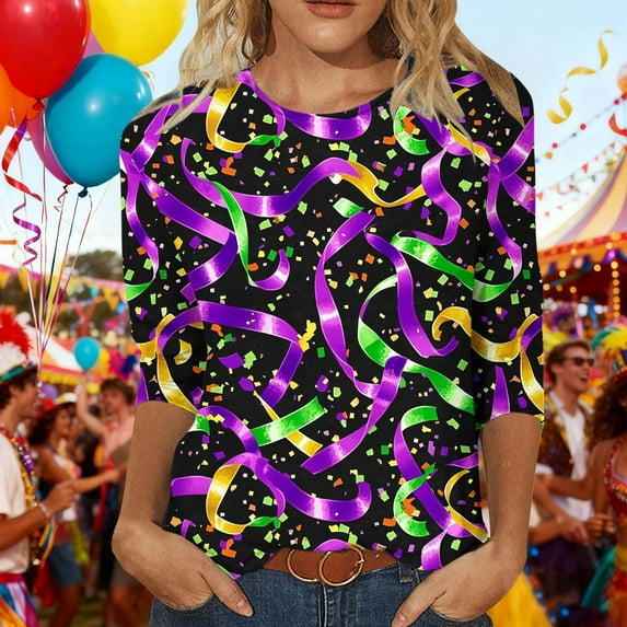 Ounisa 2025 Womens 3/4 Sleeve Tops Mardi Gras Outfit for Women Fashion Round Neck Clothes Color Ribbons Printed Blouse