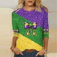 thumbnail image 1 of Ounisa 2025 Womens 3/4 Sleeve Tops Mardi Gras Outfit for Women Fashion Round Neck Clothes Mardi Gras Bow Printed Stripe Blouse, 1 of 5