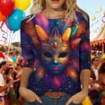 thumbnail image 1 of Ounisa 2025 Womens 3/4 Sleeve Tops Mardi Gras Outfit for Women Fashion Round Neck Clothes Mardi Gras Mask Printed Color Block Blouse, 1 of 7