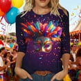 thumbnail image 1 of Ounisa 2025 Womens 3/4 Sleeve Tops Mardi Gras Outfit for Women Fashion Round Neck Clothes Mardi Gras Mask Printed Color Block Blouse, 1 of 7