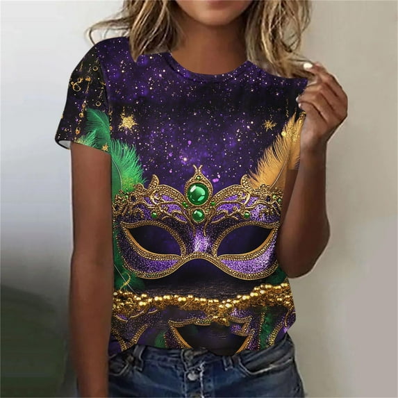 Ounisa 2025 Womens Short Sleeve Tops Mardi Gras Costumes Fashion Round Neck Color Printed Blouse