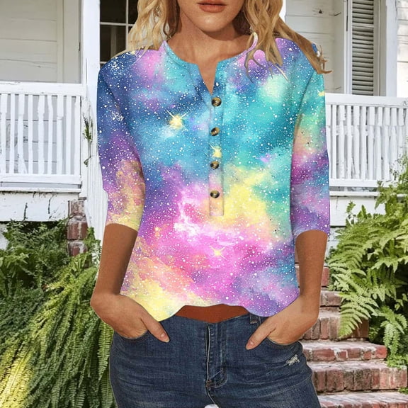 Ounisa 3/4 Length Sleeve Women Tops V Neck Button Up Blouses Dressy Casual Summer Starry Sky T Shirts Loose Fit Business Work Clothes