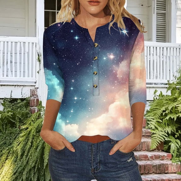 Ounisa 3/4 Length Sleeve Women Tops V Neck Button Up Blouses Dressy Casual Summer Starry Sky T Shirts Loose Fit Business Work Clothes