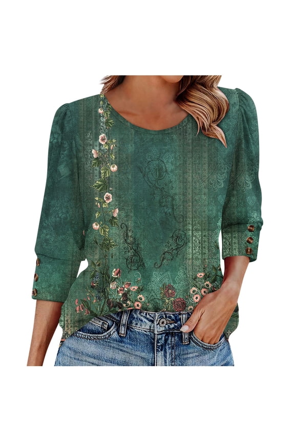 3/4 Length Sleeve Womens Tops,Basic Elbow Sleeve Workout Top No Positioning Printed Shirt Crew Neck 3 Quarter Sleeve Tees