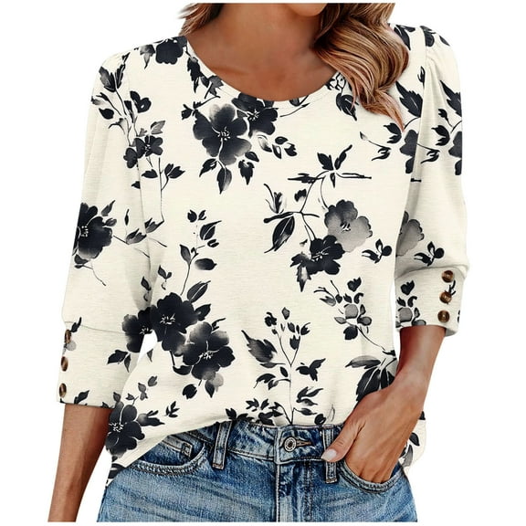 Ounisa 3/4 Length Sleeve Womens Tops,Basic Elbow Sleeve Workout Top No Positioning Printed Shirt Crew Neck 3 Quarter Sleeve Tees