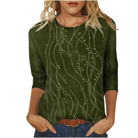 Ounisa 3/4 Length Sleeve Womens Tops Round Neck Loose Cute Spring Summer Tee Shirts Dressy Casual Print Blouses Tunic