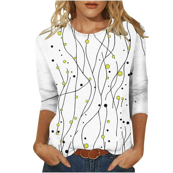 Ounisa 3/4 Length Sleeve Womens Tops Round Neck Loose Cute Spring Summer Tee Shirts Dressy Casual Print Blouses Tunic