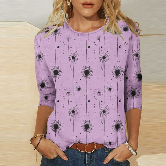 Ounisa 3/4 Length Sleeve Womens Tops Summer Three Quarter Floral Shirts Dressy Casual Printed Tunic Tops Women Blouses