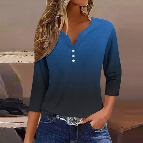 Ounisa 3/4 Length Sleeve Womens Tops V Neck Casual Henley Button Shirts Print Trendy Blouses Summer Tee