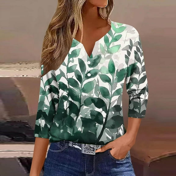 Ounisa 3/4 Length Sleeve Womens Tops V Neck Casual Henley Button Shirts Print Trendy Blouses Summer Tee