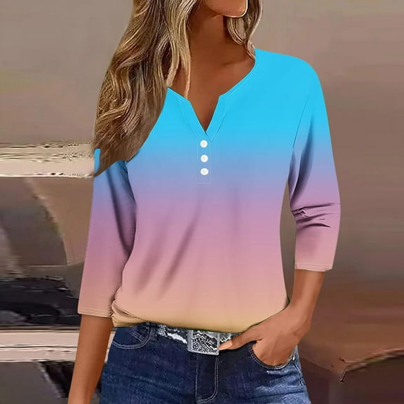 Ounisa 3/4 Length Sleeve Womens Tops V Neck Casual Henley Button Shirts Print Trendy Blouses Summer Tee