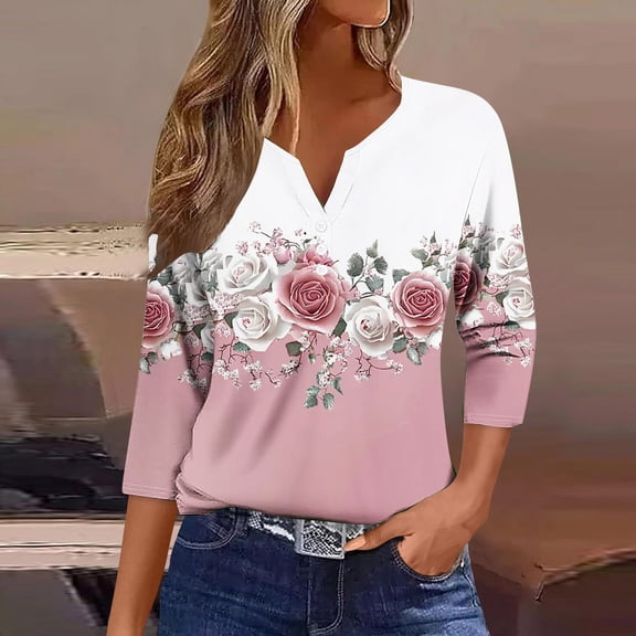 Ounisa 3/4 Length Sleeve Womens Tops V Neck Casual Henley Button Shirts Print Trendy Blouses Summer Tee