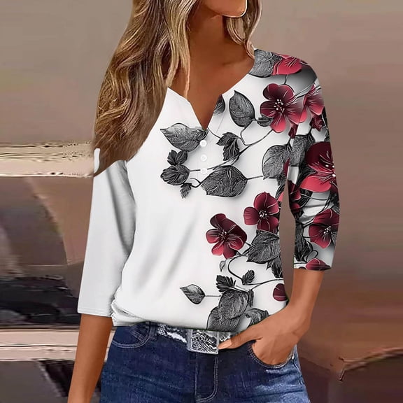 Ounisa 3/4 Length Sleeve Womens Tops V Neck Casual Henley Button Shirts Print Trendy Blouses Summer Tee