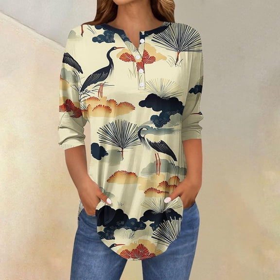 Ounisa 3/4 Sleeve Shirt Ladies Fall Summer Round Neck Blouse Casual Tunic Button Fashion Summer Tee Print Tshirt