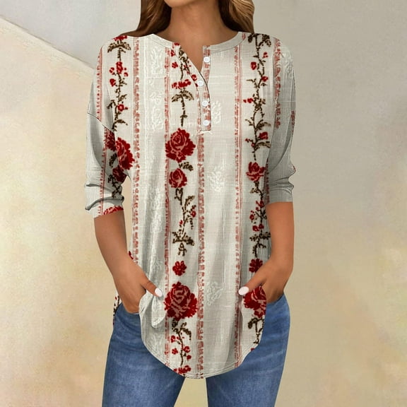 Ounisa 3/4 Sleeve Shirt Ladies Fall Summer Round Neck Blouse Casual Tunic Button Fashion Summer Tee Print Tshirt