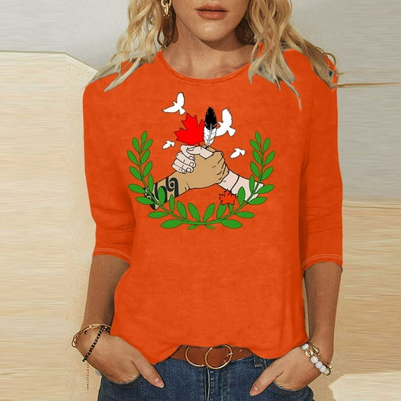 Ounisa 3/4 Sleeve Shirts for Women Loose Fit Crewneck Casual Tops Orange Shirt Fashion Printed Blouses