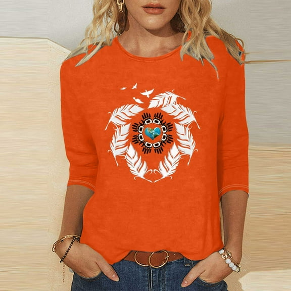 Ounisa 3/4 Sleeve Shirts for Women Loose Fit Crewneck Casual Tops Orange Shirt Fashion Printed Blouses