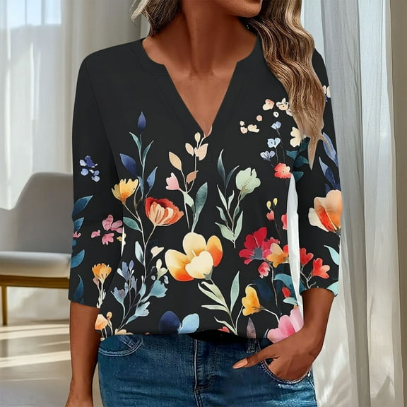 Ounisa 3/4 Sleeve Tops for Women Summer Notched V Neck Printed T Shirts Casual Cute Three Quarter Length Dressy Blouses