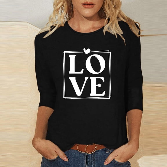 Ounisa 3/4 Sleeve Valentine's Shirts for Women Love Heart Cute Graphic T Shirts Casual Spring Day Tops Tee