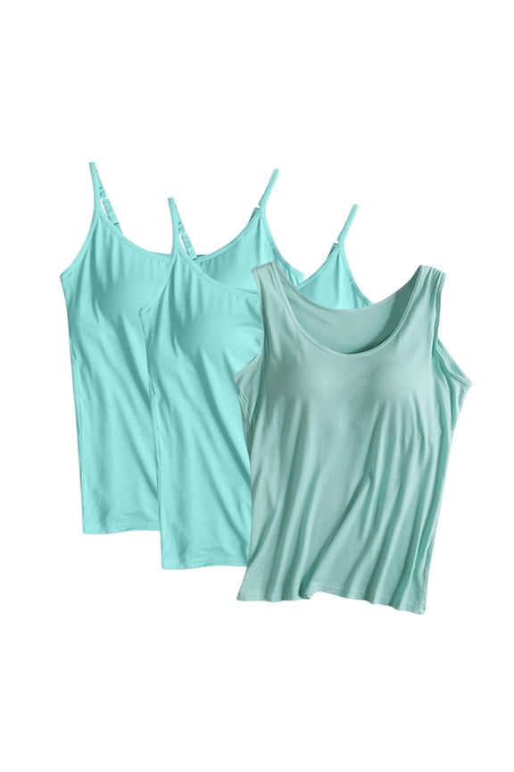 3-Pack Women's Basic Solid Soft Modal Bulit-in Self Bras Layer Shirt, 1Pc Adjustable Strap Camisoles & 2Pcs Tanks Tops