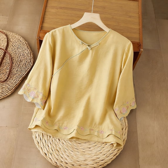Ounisa Blouses for Women Dressy Casual Ruffle 3/4 Length Sleeve Womens Tops V Neck Button Loose Tshirts Trendy Summer Shirts