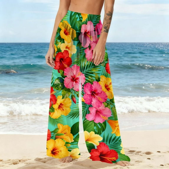Ounisa Boho Floral Wide Leg Pants for Women Chiffon Casual Loose Pants Summer Beach Flowers Print Flowy Rashguard Long Pants