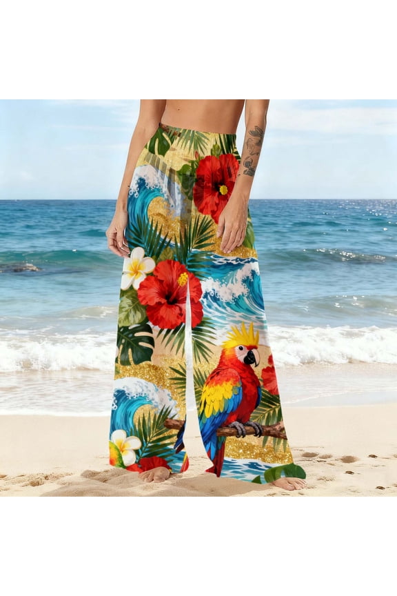 Boho Floral Wide Leg Pants for Women Chiffon Casual Loose Pants Summer Beach Flowers Print Flowy Rashguard Long Pants