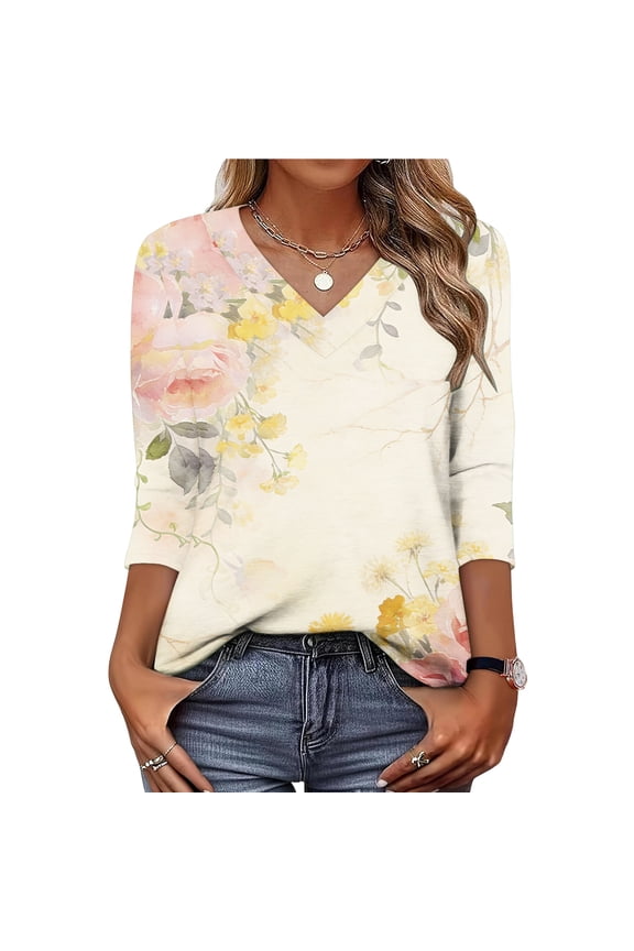 Boho Tops for Women Spring Summer 3/4 Length Sleeve T-Shirts Dressy Casual V Neck Cute Business Work Blouses