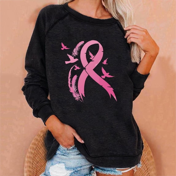 Ounisa Breast Cancer Awareness Sweatshirt for Women Breast Cancer Crew Neck Long Sleeve Shirt Pink Ribbon Graphic Sweatshirt