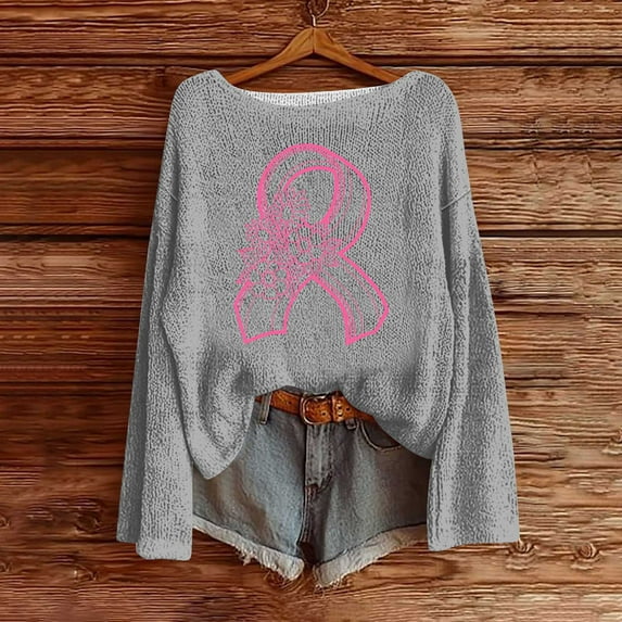 Ounisa Breast Cancer Crewneck Sweaters for Women Fall Vintage Knit Tops Hippie Cozy Oversized Pullover Pink Ribbon Sweatshirt Cancer Fight Awareness Shirt Casual Long Sleeve Tops