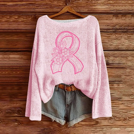 Ounisa Breast Cancer Crewneck Sweaters for Women Fall Vintage Knit Tops Hippie Cozy Oversized Pullover Pink Ribbon Sweatshirt Cancer Fight Awareness Shirt Casual Long Sleeve Tops