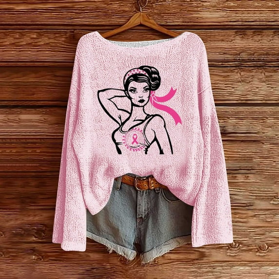Ounisa Breast Cancer Crewneck Sweaters for Women Fall Vintage Knit Tops Hippie Cozy Oversized Pullover Pink Ribbon Sweatshirt Cancer Fight Awareness Shirt Casual Long Sleeve Tops