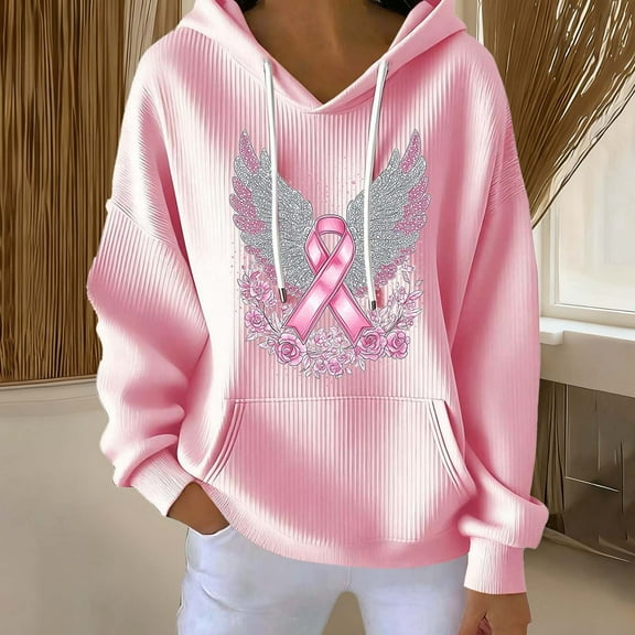 Ounisa Breast Cancer Oversized Hoodies Fleece Drawstring Shirts for Women Pink Ribbon Sweatshirt Cancer Fight Awareness Shirt Faith Casual Long Sleeve Tops