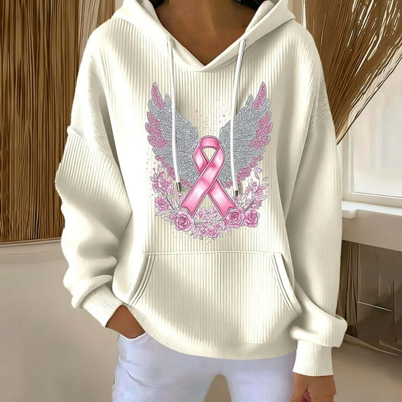 Ounisa Breast Cancer Oversized Hoodies Fleece Drawstring Shirts for Women Pink Ribbon Sweatshirt Cancer Fight Awareness Shirt Faith Casual Long Sleeve Tops