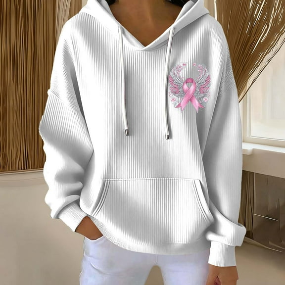 Ounisa Breast Cancer Oversized Hoodies Fleece Drawstring Shirts for Women Pink Ribbon Sweatshirt Cancer Fight Awareness Shirt Faith Casual Long Sleeve Tops