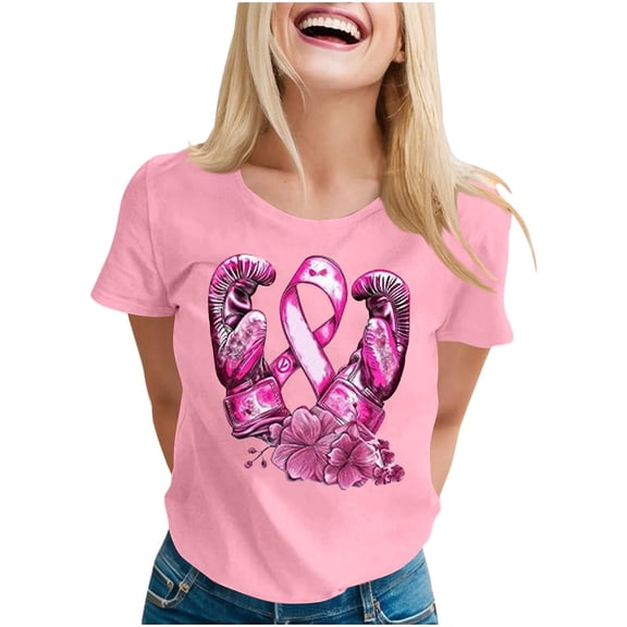 Ounisa Breast Cancer Shirt for Women Pink Ribbon T-Shirts Graphics Support Cancer Shirts Rainbow Casual Tee Tops