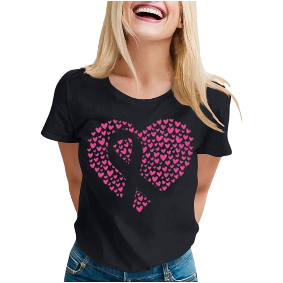 Ounisa Breast Cancer Shirt for Women Pink Ribbon T-Shirts Graphics Support Cancer Shirts Rainbow Casual Tee Tops