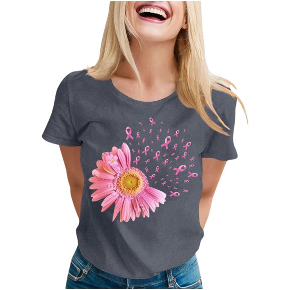 Ounisa Breast Cancer Shirt for Women Pink Ribbon T-Shirts Graphics Support Cancer Shirts Rainbow Casual Tee Tops
