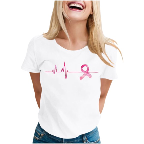 Ounisa Breast Cancer Shirt for Women Pink Ribbon T-Shirts Graphics Support Cancer Shirts Rainbow Casual Tee Tops