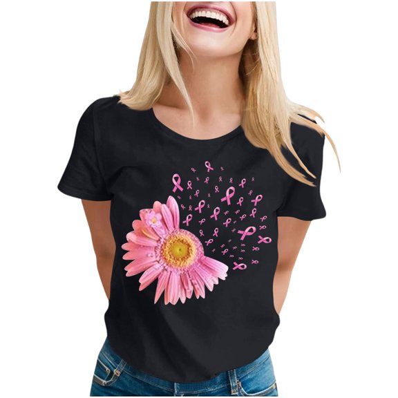 Ounisa Breast Cancer Shirt for Women Pink Ribbon T-Shirts Graphics Support Cancer Shirts Rainbow Casual Tee Tops