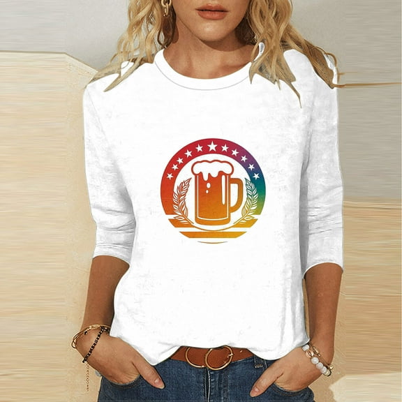 Ounisa Casual Beer Festival Printed Shirts for Womens 3/4 Length Sleeves Crewneck Loose Comfy T-Shirts Beer Festival Blouse Tops