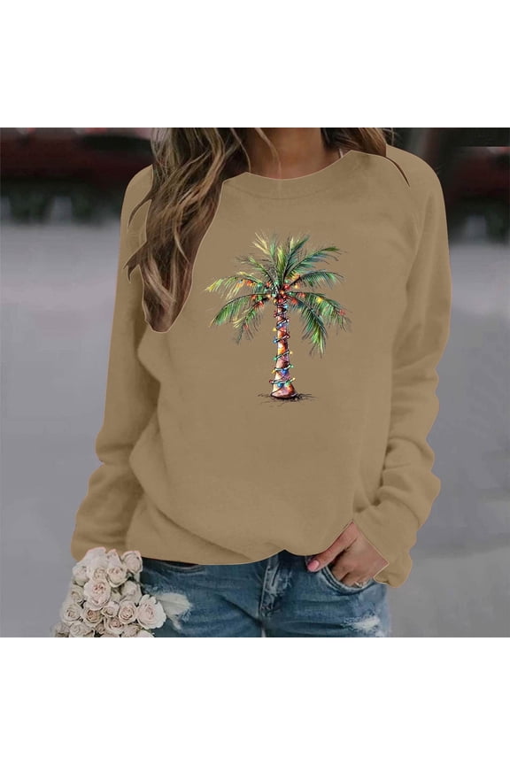 Christmas Palm Tree Sweatshirt for Women Funny Hawaiian Beach Tropical Xmas Pullover Long Sleeve Christmas Shirt Top