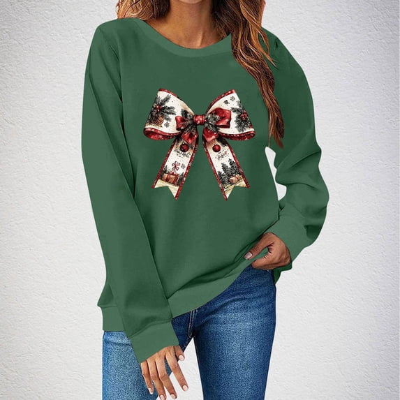 Ounisa Christmas Sweatshirt for Women Crewneck Christmas Bow Graphic Long Sleeve Shirt Xmas Holiday Party Pullover Sweater Tops