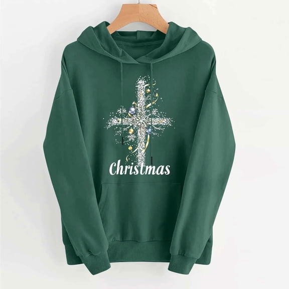 Ounisa Christmas Women's Pullover Sweatshirt Drawstring The Season Cross Printed Hoodie Long Sleeve Tops with Pocket