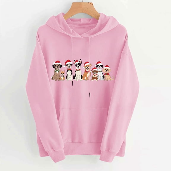 Ounisa Christmas Women's Pullover Sweatshirt Drawstring The Season Dogs Printed Hoodie Long Sleeve Tops with Pocket