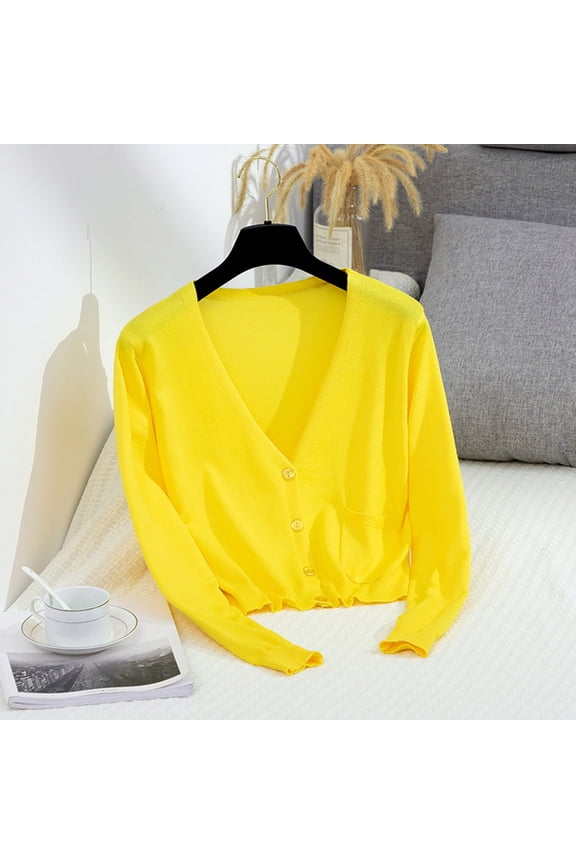 Cropped Cardigan Sweaters for Women Long Sleeve V Neck Outerwear Button Down Open Front Bolero Shrugs Blouse with Pocket