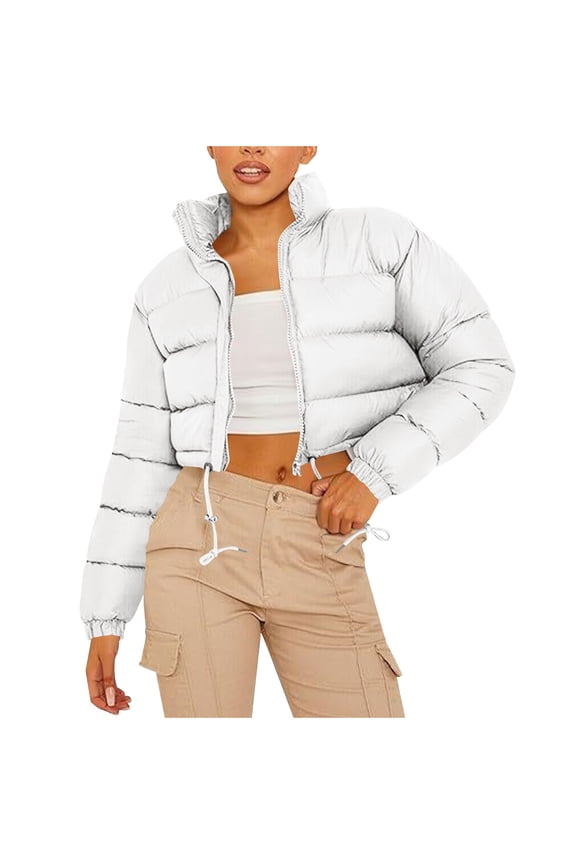 Cropped Puffer Jacket Women 2025 Winter Warm Zip Up Padded Short Quilted Jackets Down Coat
