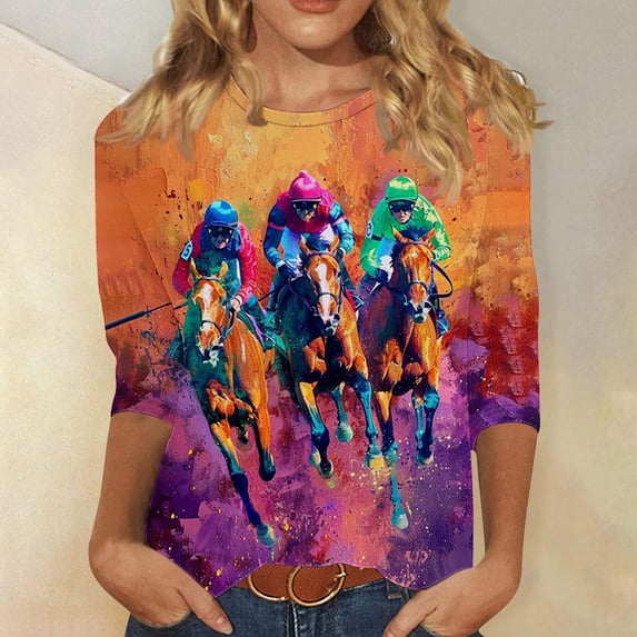 Ounisa Derby Outfits for Women 3/4 Sleeve Tops Novelty Derby Shirts Summer Blouse Dressy Casual Horse Racing Clothes