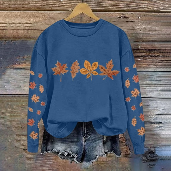 Ounisa Fall Sweatshirts for Women Embroidered Tops: Maple Leaf Crewneck Sweatshirt Casual Long Sleeve Pullover